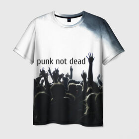 Мужская футболка 3D с принтом Punk not dead в Санкт-Петербурге, 100% полиэфир | прямой крой, круглый вырез горловины, длина до линии бедер | punk not dead | бит | группа | драйв | дым | зал | концерт | музыка | надпись | панк | панк не умрет | панки | рок | слова | танцы | туман | тусовка | фраза | хой