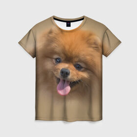 Женская футболка 3D с принтом Шпиц в Санкт-Петербурге, 100% полиэфир ( синтетическое хлопкоподобное полотно) | прямой крой, круглый вырез горловины, длина до линии бедер | shpic | животные | мордочка | пёс | рыжий | собака | собачка | язык