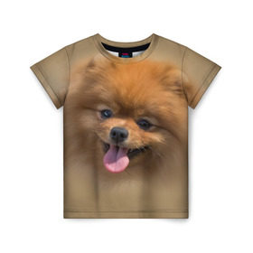 Детская футболка 3D с принтом Шпиц в Санкт-Петербурге, 100% гипоаллергенный полиэфир | прямой крой, круглый вырез горловины, длина до линии бедер, чуть спущенное плечо, ткань немного тянется | shpic | животные | мордочка | пёс | рыжий | собака | собачка | язык