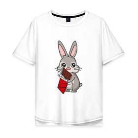 Мужская футболка хлопок Oversize с принтом Любитель шоколада в Санкт-Петербурге, 100% хлопок | свободный крой, круглый ворот, “спинка” длиннее передней части | Тематика изображения на принте: животные | заяц | кролик | пасха | шоколад | юмор