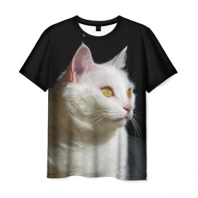 Мужская футболка 3D с принтом Белая и пушистая в Санкт-Петербурге, 100% полиэфир | прямой крой, круглый вырез горловины, длина до линии бедер | Тематика изображения на принте: белый | взгляд | глаза | киска | кот | котёнок | кошка | пушистый