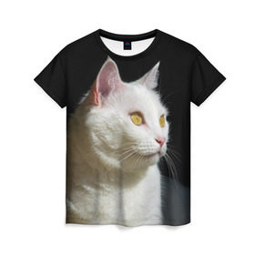 Женская футболка 3D с принтом Белая и пушистая в Санкт-Петербурге, 100% полиэфир ( синтетическое хлопкоподобное полотно) | прямой крой, круглый вырез горловины, длина до линии бедер | белый | взгляд | глаза | киска | кот | котёнок | кошка | пушистый