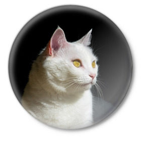 Значок с принтом Белая и пушистая в Санкт-Петербурге,  металл | круглая форма, металлическая застежка в виде булавки | Тематика изображения на принте: белый | взгляд | глаза | киска | кот | котёнок | кошка | пушистый