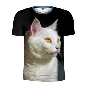 Мужская футболка 3D спортивная с принтом Белая и пушистая в Санкт-Петербурге, 100% полиэстер с улучшенными характеристиками | приталенный силуэт, круглая горловина, широкие плечи, сужается к линии бедра | Тематика изображения на принте: белый | взгляд | глаза | киска | кот | котёнок | кошка | пушистый
