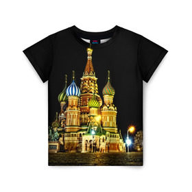 Детская футболка 3D с принтом Москва в Санкт-Петербурге, 100% гипоаллергенный полиэфир | прямой крой, круглый вырез горловины, длина до линии бедер, чуть спущенное плечо, ткань немного тянется | kremlin | moscow | russia | город | кремль | москва | ночь | огни | река