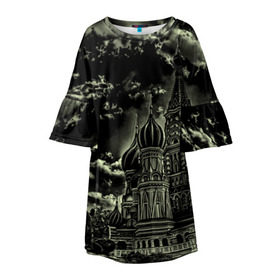Детское платье 3D с принтом Москва в Санкт-Петербурге, 100% полиэстер | прямой силуэт, чуть расширенный к низу. Круглая горловина, на рукавах — воланы | Тематика изображения на принте: кремль | ночь | пейзаж