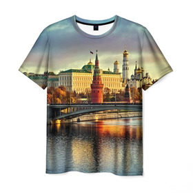 Мужская футболка 3D с принтом Москва река в Санкт-Петербурге, 100% полиэфир | прямой крой, круглый вырез горловины, длина до линии бедер | kremlin | moscow | russia | город | кремль | москва | ночь | огни | река