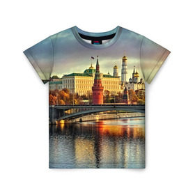 Детская футболка 3D с принтом Москва река в Санкт-Петербурге, 100% гипоаллергенный полиэфир | прямой крой, круглый вырез горловины, длина до линии бедер, чуть спущенное плечо, ткань немного тянется | Тематика изображения на принте: kremlin | moscow | russia | город | кремль | москва | ночь | огни | река