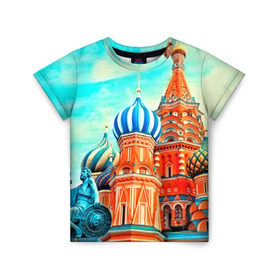 Детская футболка 3D с принтом Moscow Russia в Санкт-Петербурге, 100% гипоаллергенный полиэфир | прямой крой, круглый вырез горловины, длина до линии бедер, чуть спущенное плечо, ткань немного тянется | Тематика изображения на принте: kremlin | moscow | russia | город | кремль | москва | ночь | огни | река