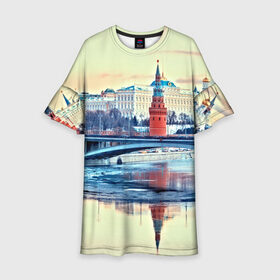 Детское платье 3D с принтом Река Москва в Санкт-Петербурге, 100% полиэстер | прямой силуэт, чуть расширенный к низу. Круглая горловина, на рукавах — воланы | kremlin | moscow | russia | город | кремль | москва | ночь | огни | река