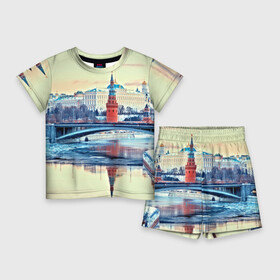 Детский костюм с шортами 3D с принтом Река Москва в Санкт-Петербурге,  |  | Тематика изображения на принте: kremlin | moscow | russia | город | кремль | москва | ночь | огни | река