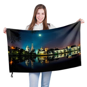Флаг 3D с принтом Ночная Москва в Санкт-Петербурге, 100% полиэстер | плотность ткани — 95 г/м2, размер — 67 х 109 см. Принт наносится с одной стороны | kremlin | moscow | russia | город | кремль | москва | ночной город | ночь | огни | река