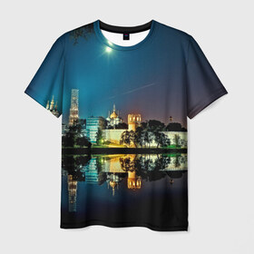 Мужская футболка 3D с принтом Ночная Москва в Санкт-Петербурге, 100% полиэфир | прямой крой, круглый вырез горловины, длина до линии бедер | kremlin | moscow | russia | город | кремль | москва | ночной город | ночь | огни | река