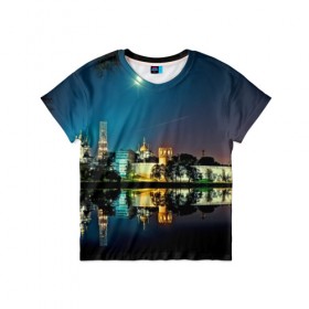 Детская футболка 3D с принтом Ночная Москва в Санкт-Петербурге, 100% гипоаллергенный полиэфир | прямой крой, круглый вырез горловины, длина до линии бедер, чуть спущенное плечо, ткань немного тянется | kremlin | moscow | russia | город | кремль | москва | ночной город | ночь | огни | река