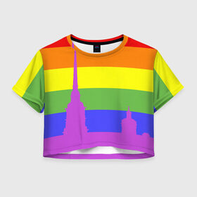 Женская футболка 3D укороченная с принтом Радужный флаг в Санкт-Петербурге, 100% полиэстер | круглая горловина, длина футболки до линии талии, рукава с отворотами | город | любовь | отношения | радуга | сердце | сталица | флаг