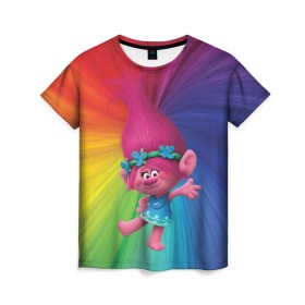 Женская футболка 3D с принтом Розочка тролли в Санкт-Петербурге, 100% полиэфир ( синтетическое хлопкоподобное полотно) | прямой крой, круглый вырез горловины, длина до линии бедер | trolls | детям | мультик | мультики | мультфильм | мультфильмы | радуга | разноцветные | разные цвета | розочка | тролли | тролль | цветные