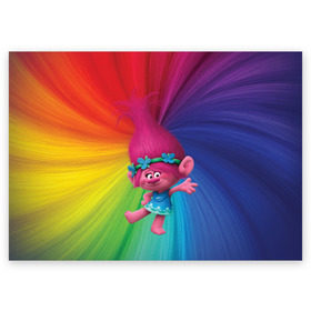 Поздравительная открытка с принтом Розочка тролли в Санкт-Петербурге, 100% бумага | плотность бумаги 280 г/м2, матовая, на обратной стороне линовка и место для марки
 | trolls | детям | мультик | мультики | мультфильм | мультфильмы | радуга | разноцветные | разные цвета | розочка | тролли | тролль | цветные