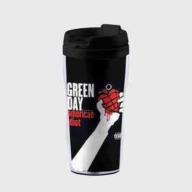 Термокружка-непроливайка с принтом Green Day 3 в Санкт-Петербурге, внутренняя часть — пищевой пластик, наружная часть — прозрачный пластик, между ними — полиграфическая вставка с рисунком | объем — 350 мл, герметичная крышка | american idiot | green day | грин дей | грин дэй