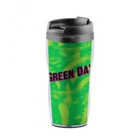 Термокружка-непроливайка с принтом Green Day 1 в Санкт-Петербурге, внутренняя часть — пищевой пластик, наружная часть — прозрачный пластик, между ними — полиграфическая вставка с рисунком | объем — 350 мл, герметичная крышка | american idiot | green day | грин дей | грин дэй
