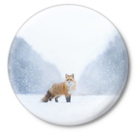 Значок с принтом лесная красотка в Санкт-Петербурге,  металл | круглая форма, металлическая застежка в виде булавки | зима | лес | лиса | рыжая | снег | тайга