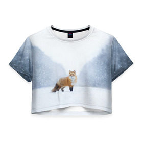 Женская футболка 3D укороченная с принтом лесная красотка в Санкт-Петербурге, 100% полиэстер | круглая горловина, длина футболки до линии талии, рукава с отворотами | зима | лес | лиса | рыжая | снег | тайга