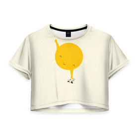 Женская футболка 3D укороченная с принтом Весеннее солнышко в Санкт-Петербурге, 100% полиэстер | круглая горловина, длина футболки до линии талии, рукава с отворотами | весна | рисунок | собака | солнце | солнышко | тепло | щенок