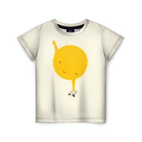 Детская футболка 3D с принтом Весеннее солнышко в Санкт-Петербурге, 100% гипоаллергенный полиэфир | прямой крой, круглый вырез горловины, длина до линии бедер, чуть спущенное плечо, ткань немного тянется | весна | рисунок | собака | солнце | солнышко | тепло | щенок