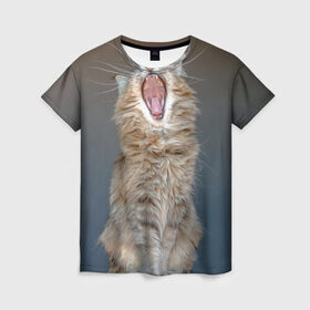 Женская футболка 3D с принтом Мартовский кот в Санкт-Петербурге, 100% полиэфир ( синтетическое хлопкоподобное полотно) | прямой крой, круглый вырез горловины, длина до линии бедер | кот | кошка | март | пасть | усы
