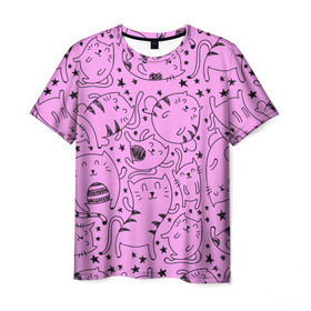 Мужская футболка 3D с принтом котейки в Санкт-Петербурге, 100% полиэфир | прямой крой, круглый вырез горловины, длина до линии бедер | Тематика изображения на принте: cat | кот | котейки | котик | кошка | рисунок | розовый