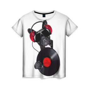 Женская футболка 3D с принтом собака-меломан в Санкт-Петербурге, 100% полиэфир ( синтетическое хлопкоподобное полотно) | прямой крой, круглый вырез горловины, длина до линии бедер | бульдог | красный | музыка | наушники | очки | пластинка | собака | черный