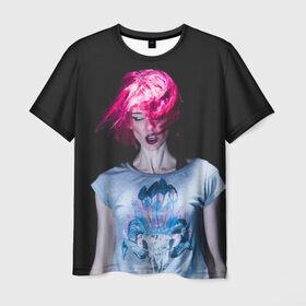 Мужская футболка 3D с принтом девушка с розовыми волосами в Санкт-Петербурге, 100% полиэфир | прямой крой, круглый вырез горловины, длина до линии бедер | волосы | девушка | мода | парик | перья | розовый | стиль | череп | этника | этно