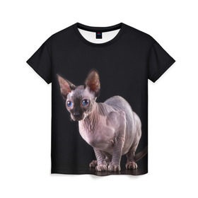 Женская футболка 3D с принтом сфинкс в Санкт-Петербурге, 100% полиэфир ( синтетическое хлопкоподобное полотно) | прямой крой, круглый вырез горловины, длина до линии бедер | взгляд | голубые глаза | киска | кот | котенок | котик | котэ | серый | сфинкс | черный