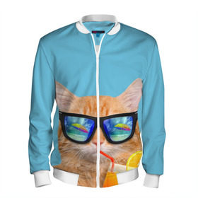 Мужской бомбер 3D с принтом котэ на отдыхе в Санкт-Петербурге, 100% полиэстер | застегивается на молнию, по бокам два кармана без застежек, по низу бомбера и на воротнике - эластичная резинка | кот | котик | лето | море | отдых | очки | пальмы | пляж | рыжий кот | солнце