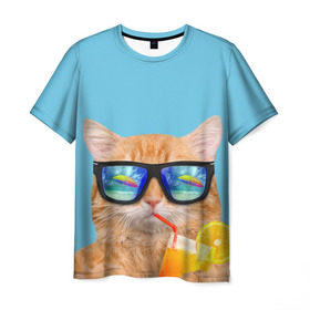 Мужская футболка 3D с принтом котэ на отдыхе в Санкт-Петербурге, 100% полиэфир | прямой крой, круглый вырез горловины, длина до линии бедер | кот | котик | лето | море | отдых | очки | пальмы | пляж | рыжий кот | солнце