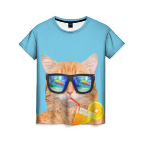 Женская футболка 3D с принтом котэ на отдыхе в Санкт-Петербурге, 100% полиэфир ( синтетическое хлопкоподобное полотно) | прямой крой, круглый вырез горловины, длина до линии бедер | Тематика изображения на принте: кот | котик | лето | море | отдых | очки | пальмы | пляж | рыжий кот | солнце