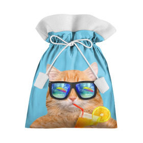 Подарочный 3D мешок с принтом котэ на отдыхе в Санкт-Петербурге, 100% полиэстер | Размер: 29*39 см | Тематика изображения на принте: кот | котик | лето | море | отдых | очки | пальмы | пляж | рыжий кот | солнце