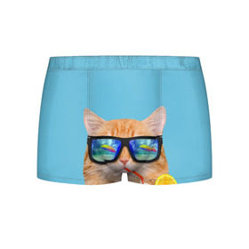 Мужские трусы 3D с принтом котэ на отдыхе в Санкт-Петербурге, 50% хлопок, 50% полиэстер | классическая посадка, на поясе мягкая тканевая резинка | Тематика изображения на принте: кот | котик | лето | море | отдых | очки | пальмы | пляж | рыжий кот | солнце
