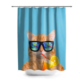 Штора 3D для ванной с принтом котэ на отдыхе в Санкт-Петербурге, 100% полиэстер | плотность материала — 100 г/м2. Стандартный размер — 146 см х 180 см. По верхнему краю — пластиковые люверсы для креплений. В комплекте 10 пластиковых колец | кот | котик | лето | море | отдых | очки | пальмы | пляж | рыжий кот | солнце
