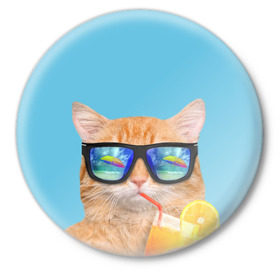 Значок с принтом котэ на отдыхе в Санкт-Петербурге,  металл | круглая форма, металлическая застежка в виде булавки | Тематика изображения на принте: кот | котик | лето | море | отдых | очки | пальмы | пляж | рыжий кот | солнце