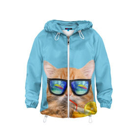 Детская ветровка 3D с принтом котэ на отдыхе в Санкт-Петербурге, 100% полиэстер | подол и капюшон оформлены резинкой с фиксаторами, по бокам два кармана без застежек, один потайной карман на груди | кот | котик | лето | море | отдых | очки | пальмы | пляж | рыжий кот | солнце