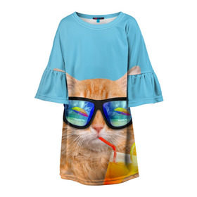 Детское платье 3D с принтом котэ на отдыхе в Санкт-Петербурге, 100% полиэстер | прямой силуэт, чуть расширенный к низу. Круглая горловина, на рукавах — воланы | кот | котик | лето | море | отдых | очки | пальмы | пляж | рыжий кот | солнце