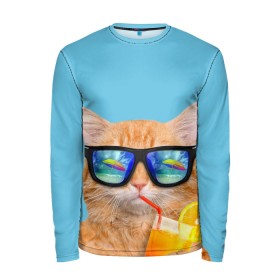 Мужской лонгслив 3D с принтом котэ на отдыхе в Санкт-Петербурге, 100% полиэстер | длинные рукава, круглый вырез горловины, полуприлегающий силуэт | Тематика изображения на принте: кот | котик | лето | море | отдых | очки | пальмы | пляж | рыжий кот | солнце
