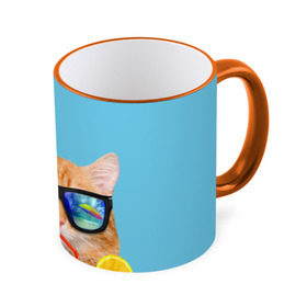 Кружка 3D с принтом котэ на отдыхе в Санкт-Петербурге, керамика | ёмкость 330 мл | Тематика изображения на принте: кот | котик | лето | море | отдых | очки | пальмы | пляж | рыжий кот | солнце
