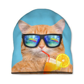 Шапка 3D с принтом котэ на отдыхе в Санкт-Петербурге, 100% полиэстер | универсальный размер, печать по всей поверхности изделия | Тематика изображения на принте: кот | котик | лето | море | отдых | очки | пальмы | пляж | рыжий кот | солнце