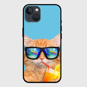 Чехол для iPhone 13 с принтом котэ на отдыхе в Санкт-Петербурге,  |  | Тематика изображения на принте: кот | котик | лето | море | отдых | очки | пальмы | пляж | рыжий кот | солнце