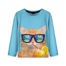 Детский лонгслив 3D с принтом котэ на отдыхе в Санкт-Петербурге, 100% полиэстер | длинные рукава, круглый вырез горловины, полуприлегающий силуэт
 | Тематика изображения на принте: кот | котик | лето | море | отдых | очки | пальмы | пляж | рыжий кот | солнце