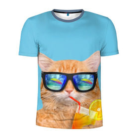 Мужская футболка 3D спортивная с принтом котэ на отдыхе в Санкт-Петербурге, 100% полиэстер с улучшенными характеристиками | приталенный силуэт, круглая горловина, широкие плечи, сужается к линии бедра | Тематика изображения на принте: кот | котик | лето | море | отдых | очки | пальмы | пляж | рыжий кот | солнце