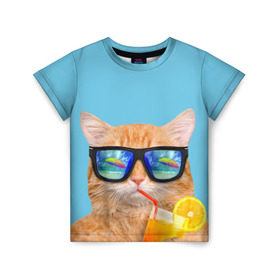 Детская футболка 3D с принтом котэ на отдыхе в Санкт-Петербурге, 100% гипоаллергенный полиэфир | прямой крой, круглый вырез горловины, длина до линии бедер, чуть спущенное плечо, ткань немного тянется | кот | котик | лето | море | отдых | очки | пальмы | пляж | рыжий кот | солнце