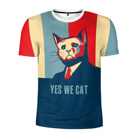 Мужская футболка 3D спортивная с принтом Yes we CAT в Санкт-Петербурге, 100% полиэстер с улучшенными характеристиками | приталенный силуэт, круглая горловина, широкие плечи, сужается к линии бедра | Тематика изображения на принте: cat | kitty | животные | киса | кот | котенок | котэ | кошка