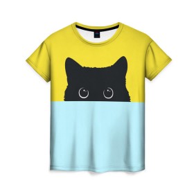 Женская футболка 3D с принтом Moon в Санкт-Петербурге, 100% полиэфир ( синтетическое хлопкоподобное полотно) | прямой крой, круглый вырез горловины, длина до линии бедер | 3d | cat | kitty | животные | иллюстрация | киса | кот | кот спрятался | котенок | котэ | кошка | минимализм | рисунок | цифровое искусство